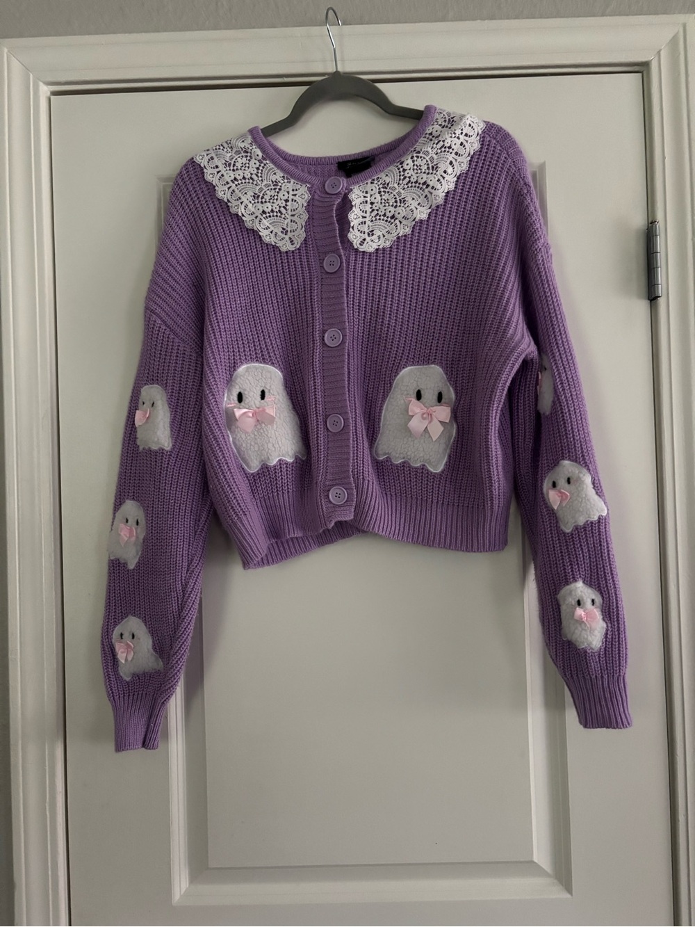 Sweet Society Hot Topic Pastel Purple Ghost Knit Cardigan Size Large